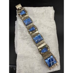 Vintage Mexican Sterling Silver Bracelet Taxco  Carved Blue Glass 7.5"